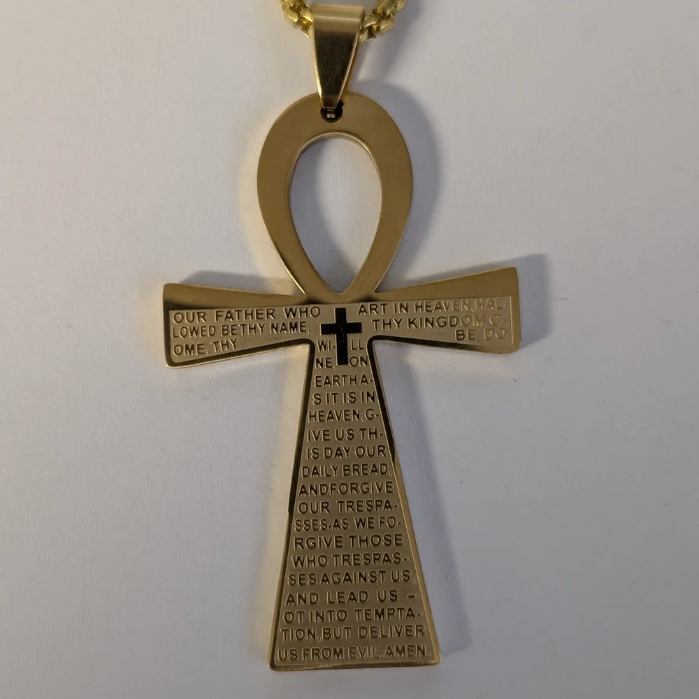 Gold Ankh Cross Pendant Necklace with Engraved Lord's Prayer